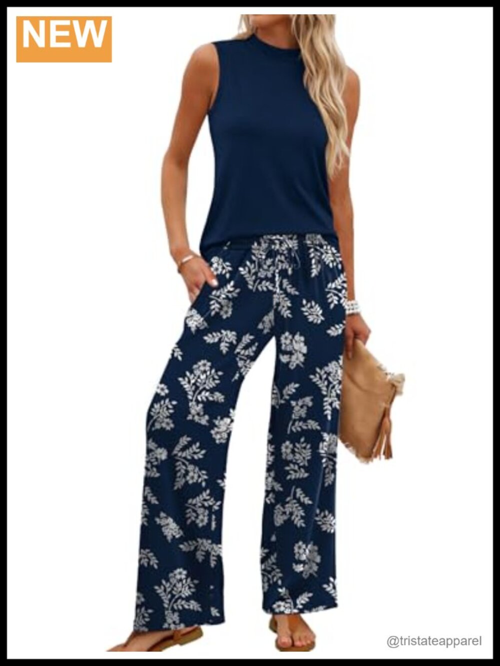 Wide Leg Pant Set Sleeveless Mock Neck Crop Top Womens Travel Casual